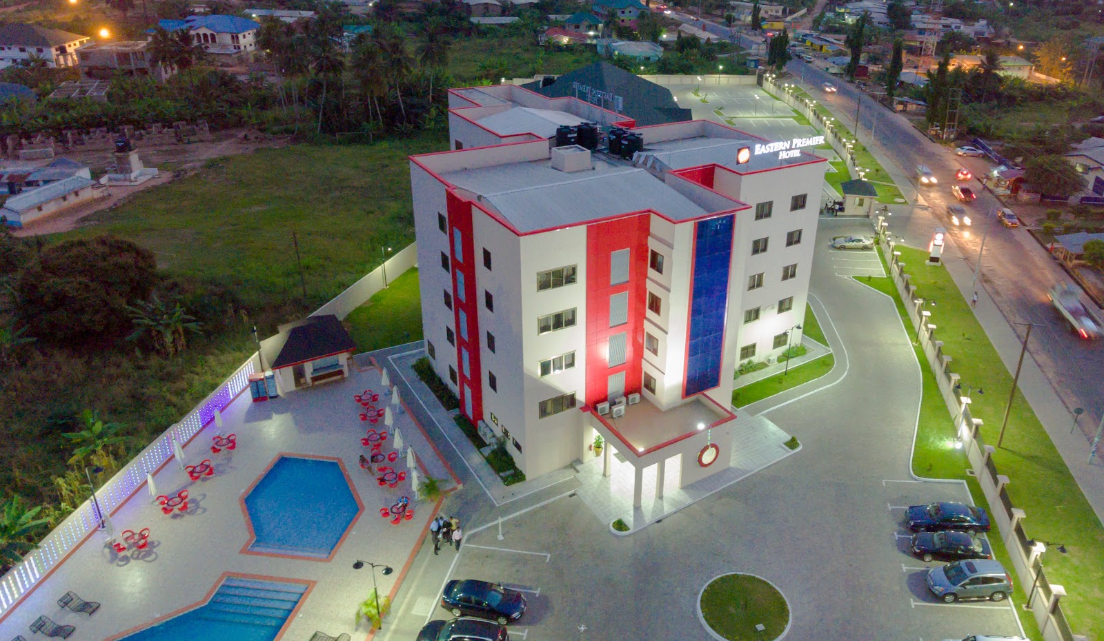 Aerial view of the property at dusk